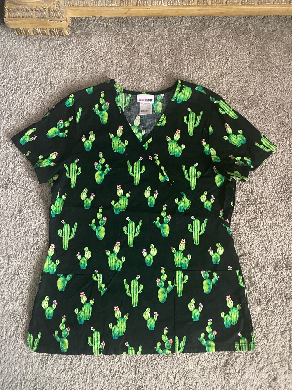 Scrubstar Black Cactus Print V-Neck Scrub Top with Pink Accents SZ M